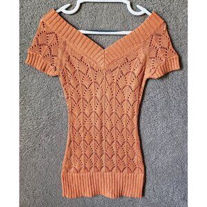 Vtg Y2K Cache Short Sleeve V Neck Open Knit‎ Long Sweater Top Orange Metallic XS